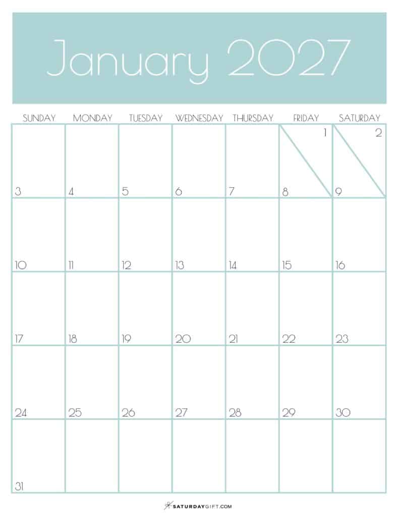 Green Monthly Goals January 2027 Calendar Vertical Sunday-start | SaturdayGift