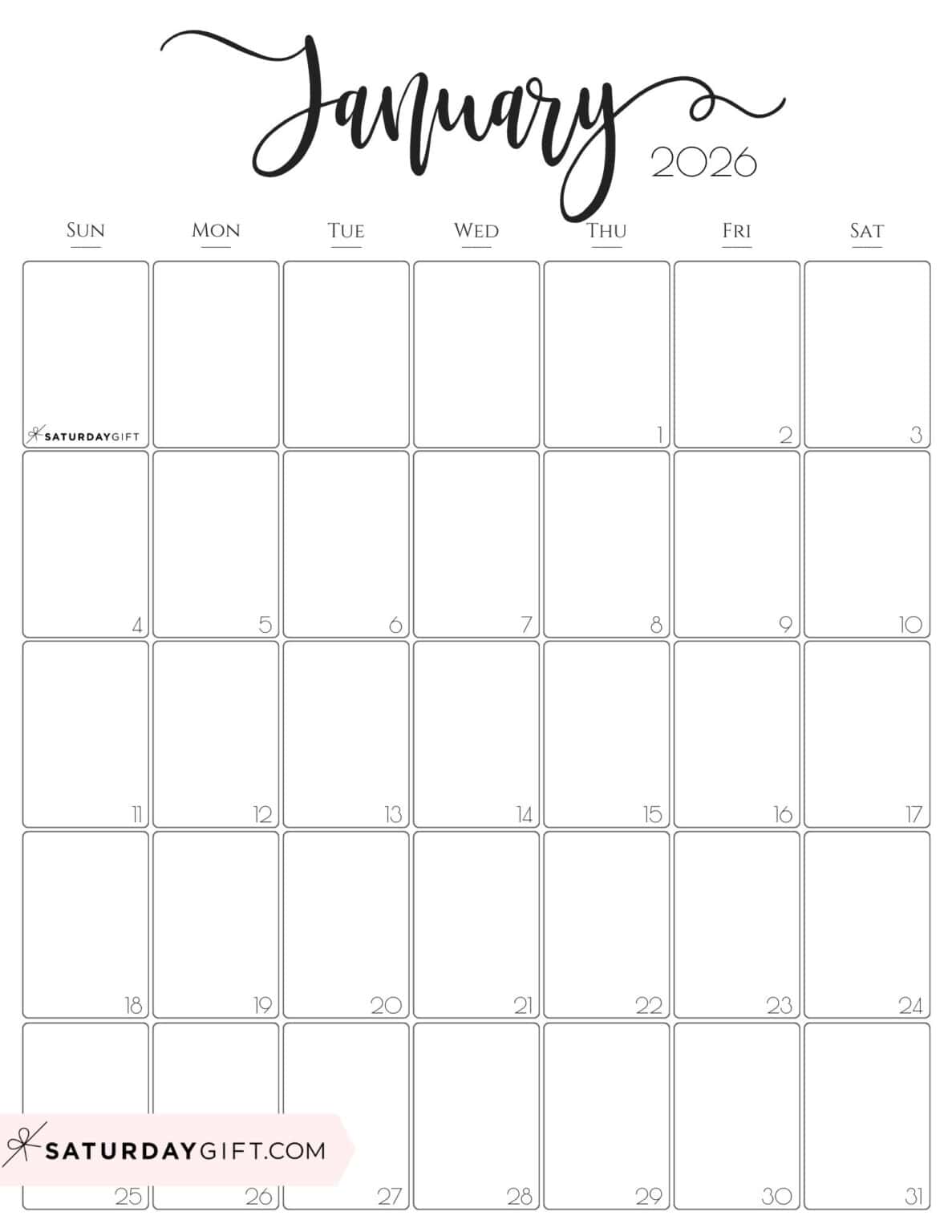 Aesthetic Printable Vertical Calendar 2026 by Saturday Gift