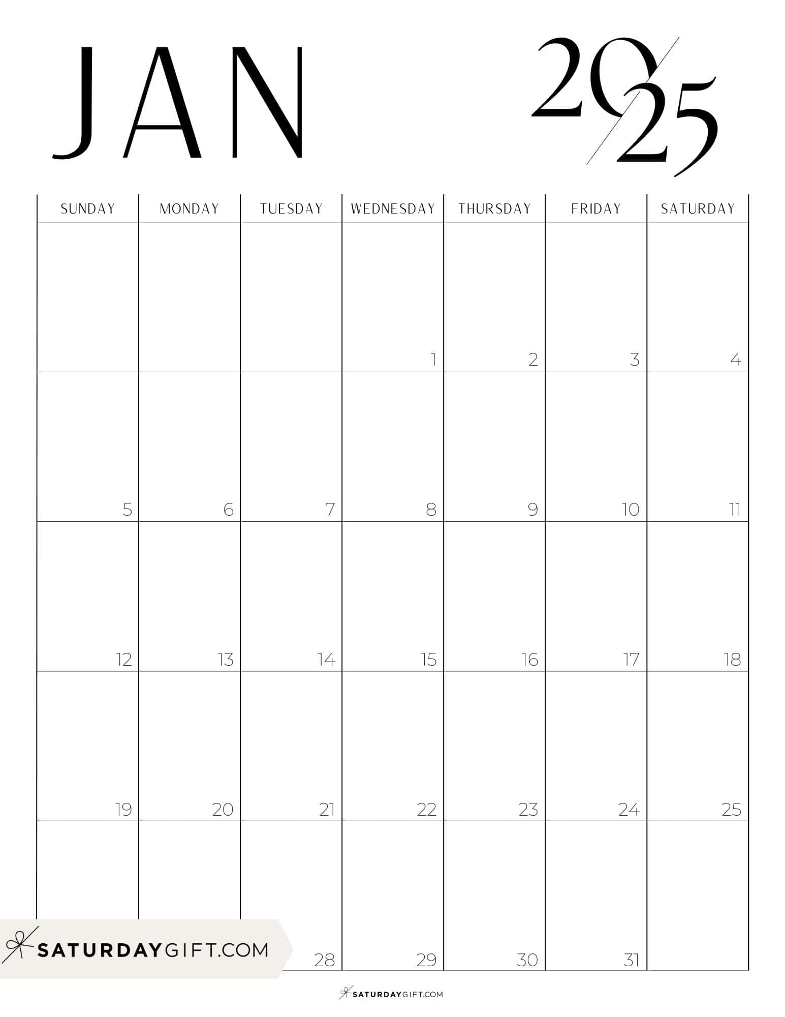 Chic Black and White January 2025 Calendar Free Printable Portrait Sunday-Start | SaturdayGift