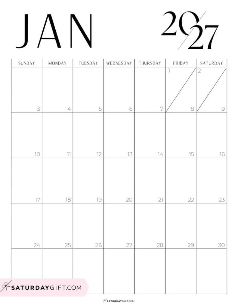 Chic Black and White January 2027 Calendar Free Printable Portrait Sunday-Start | SaturdayGift