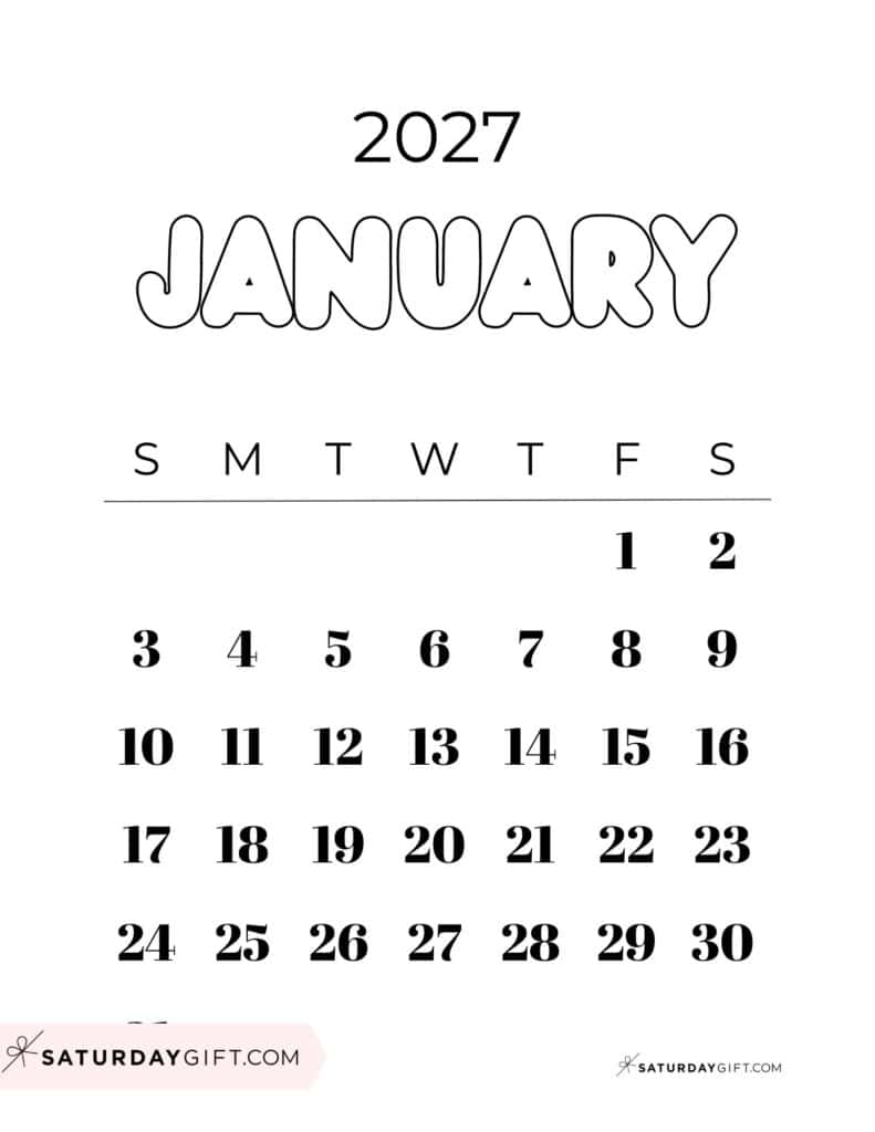 Cute Bubbly January 2027 Calendar Black & White Free Printable Sunday Starting Weeks | SaturdayGift