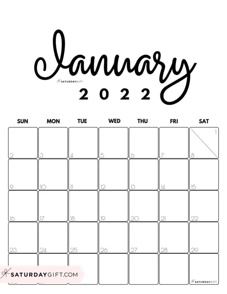 Cute Printable January 2022 Calendar by Month Black & White Vertical Sunday-start | SaturdayGift