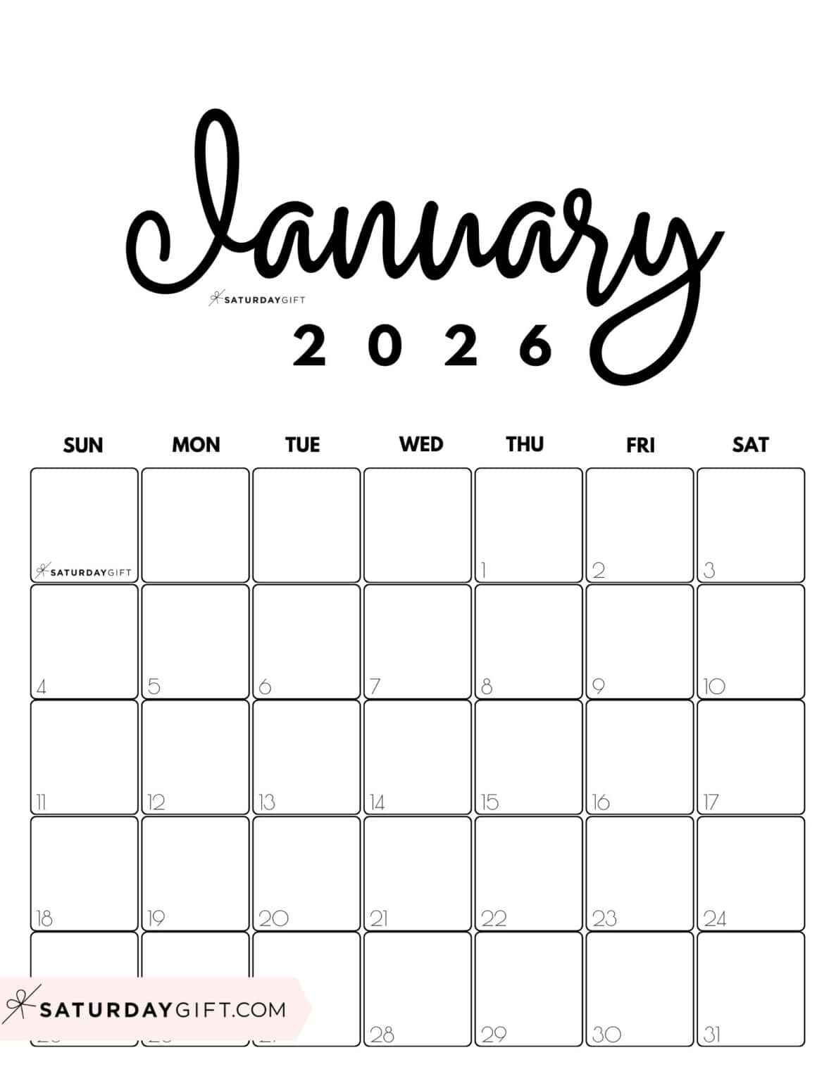 January 2026 Calendars 21 Cute Free Printable PDFs by SaturdayGift