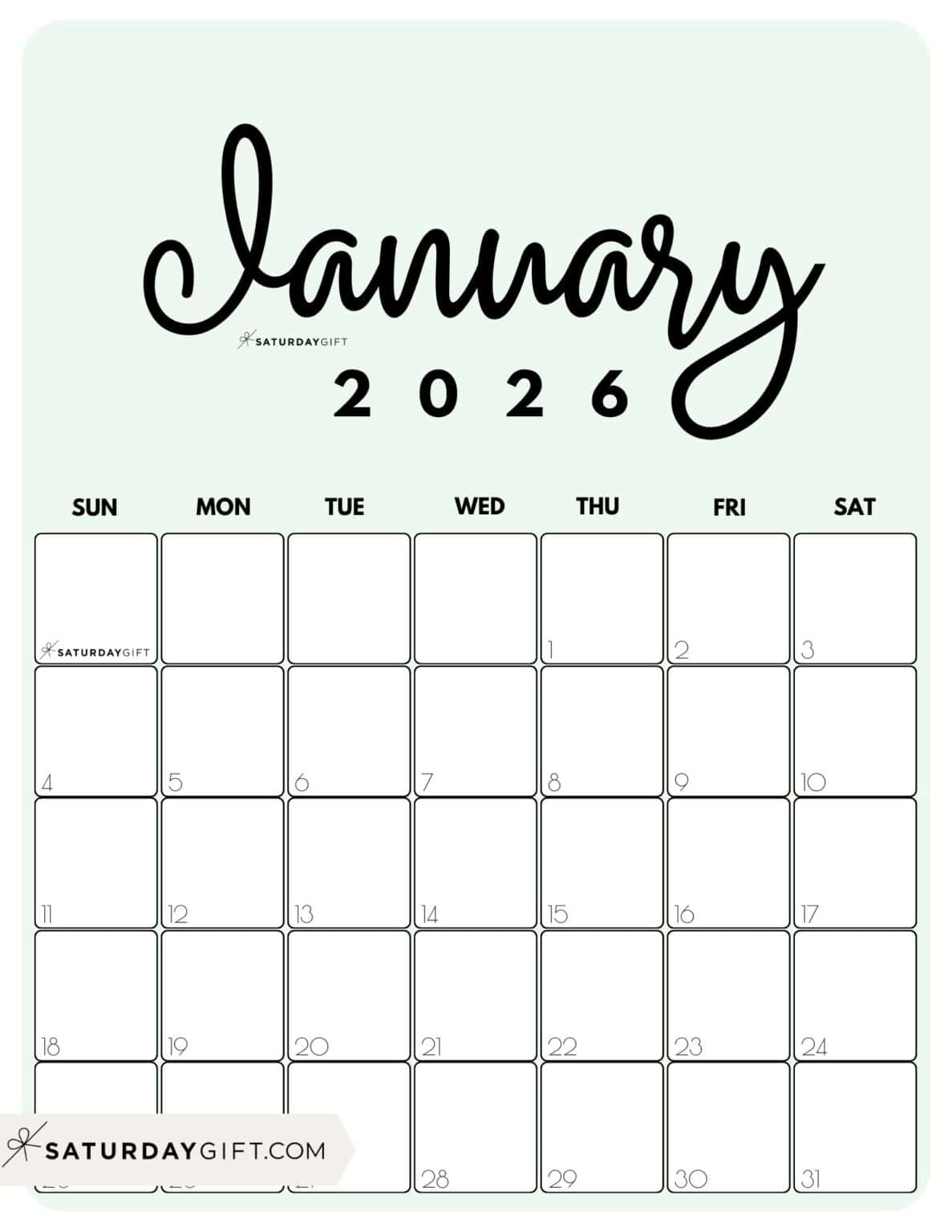 January 2026 Calendars 21 Cute Free Printable PDFs by SaturdayGift
