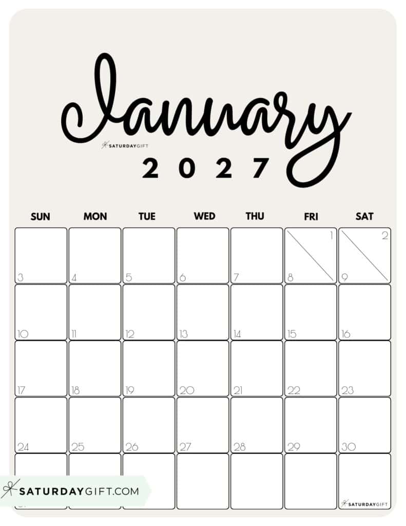 Cute Printable January 2027 Calendar by Month Beige Vertical Sunday-start | SaturdayGift