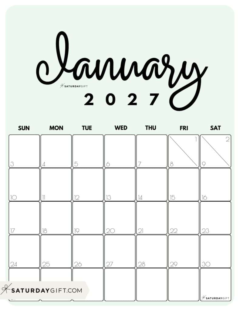 Cute Printable January 2027 Calendar by Month Green Vertical Sunday-start | SaturdayGift