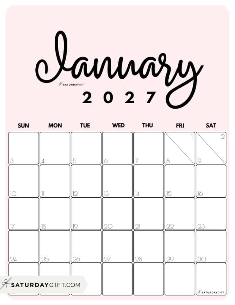 Cute Printable January 2027 Calendar by Month Pink Vertical Sunday-start | SaturdayGift