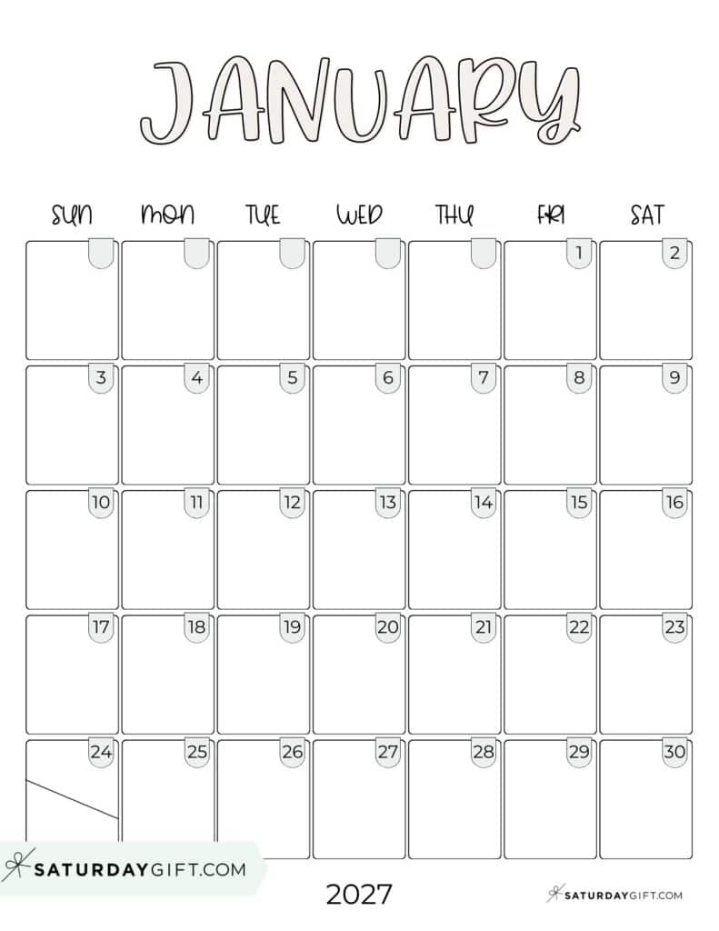 Cute Simple January 2027 Calenda Aesthetic Free Printable PDF Sunday Star | SaturdayGift