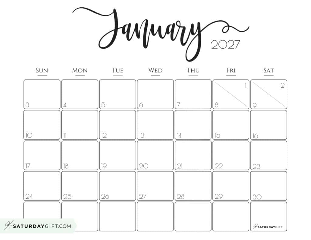 Elegant January 2027 calendar Free Printable Horizontal Landscape Black & White Sunday-Start | SaturdayGift