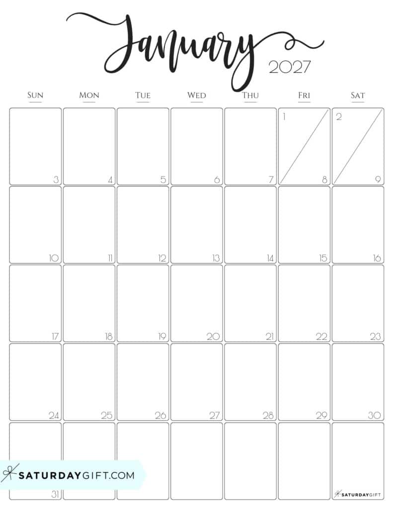 Elegant January 2027 Calendar Free Printable Vertical Portrait Black White Sunday Start | SaturdayGift