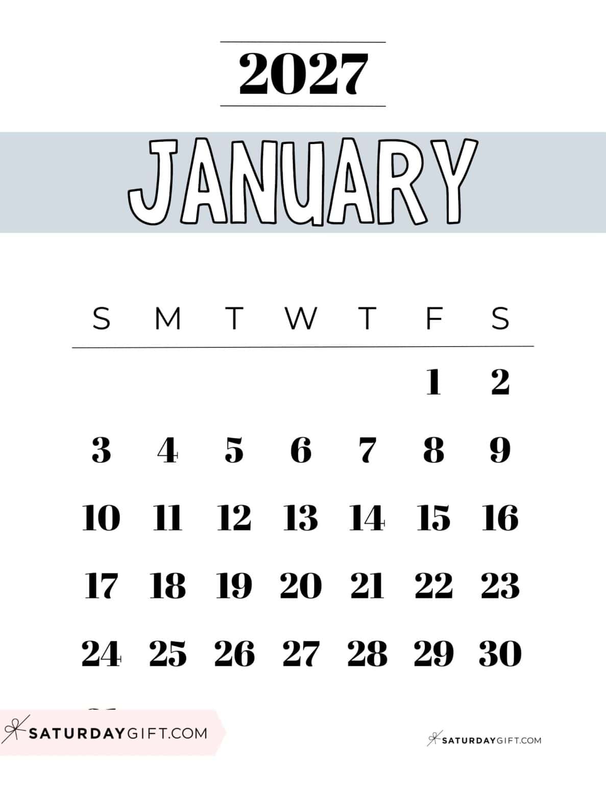 January 2027 Calendars - 23 Cute Free Printable PDFs by SaturdayGift