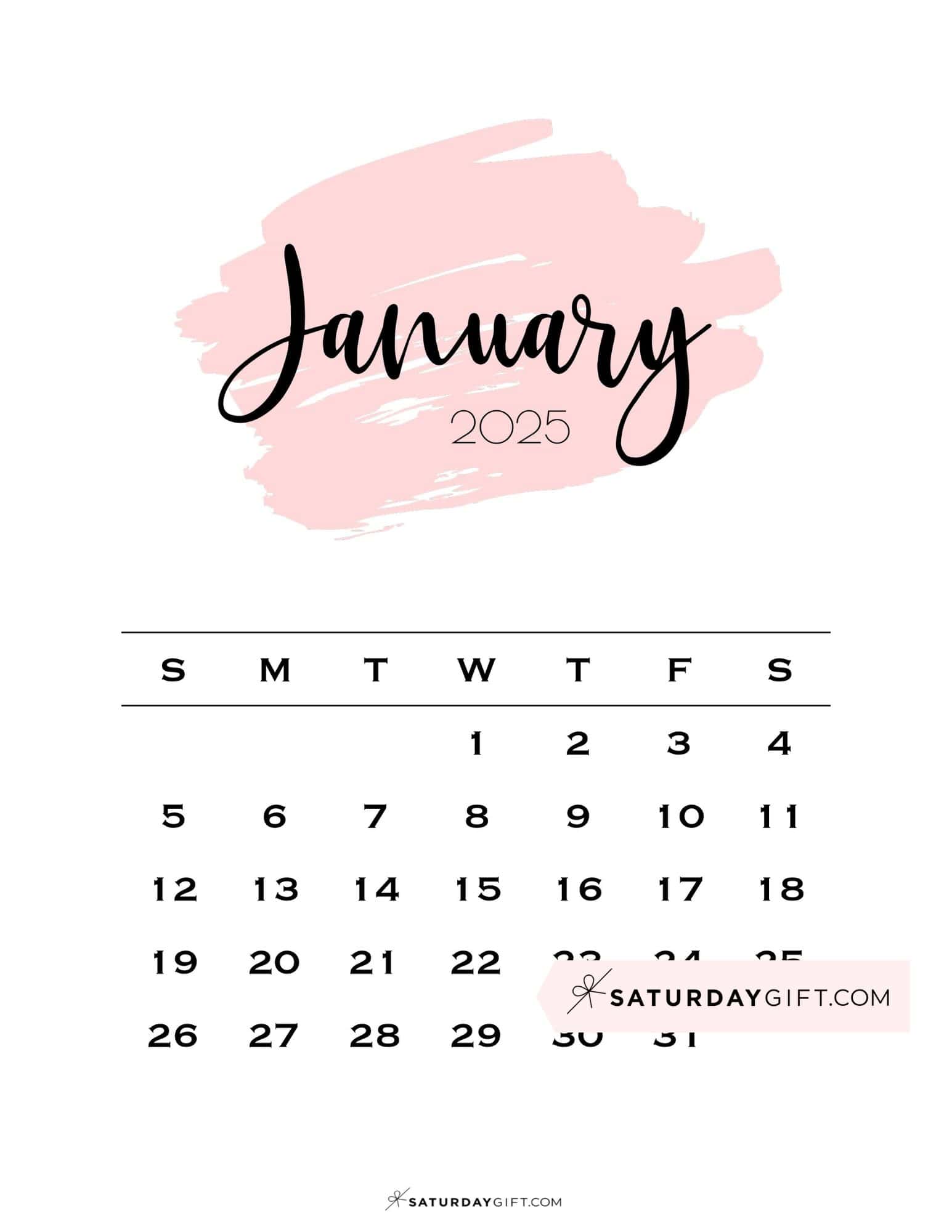 01 JAN Monthly January 2025 Calendar Sunday Start Pink Paint | SaturdayGift
