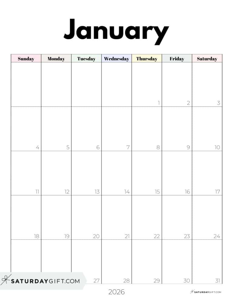 January 2026 Calendars 21 Cute Free Printable PDFs by SaturdayGift