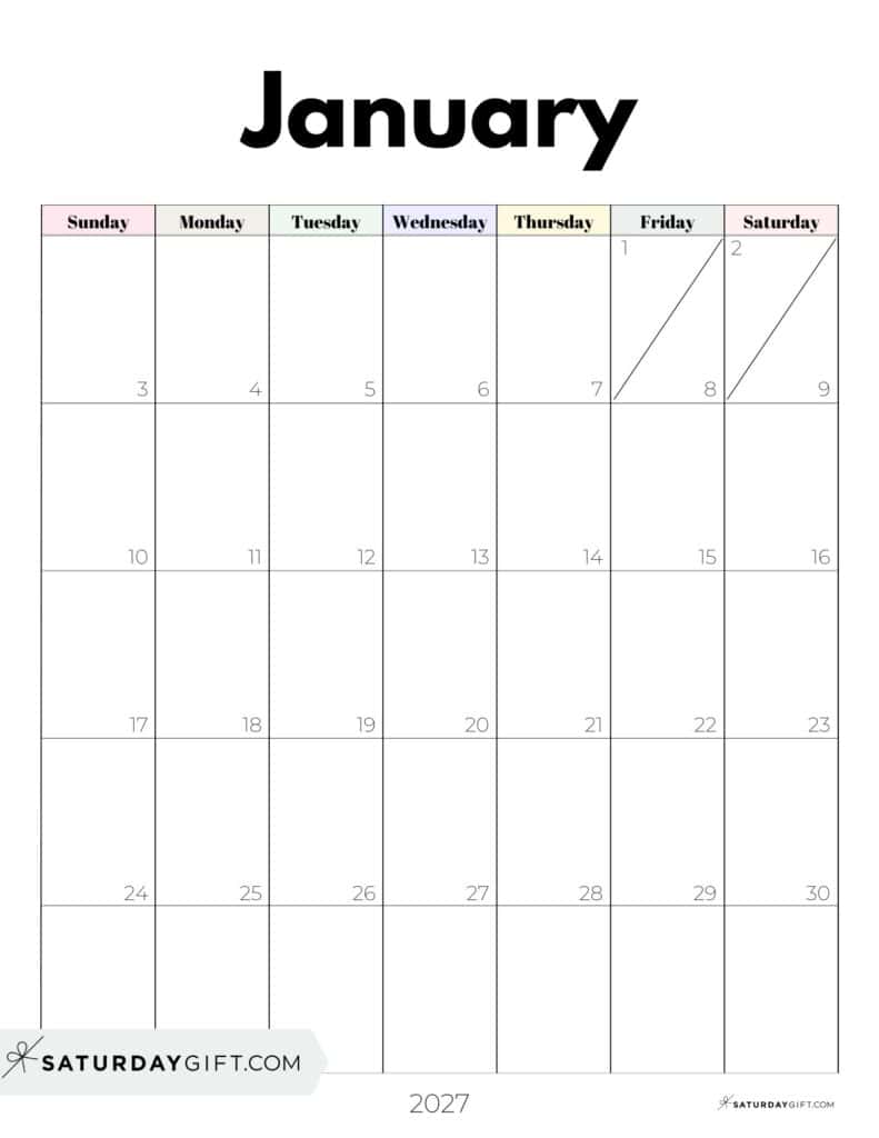 Pretty Pastels January 2027 Calendar Free Printable Portrait Sunday-Start | SaturdayGift