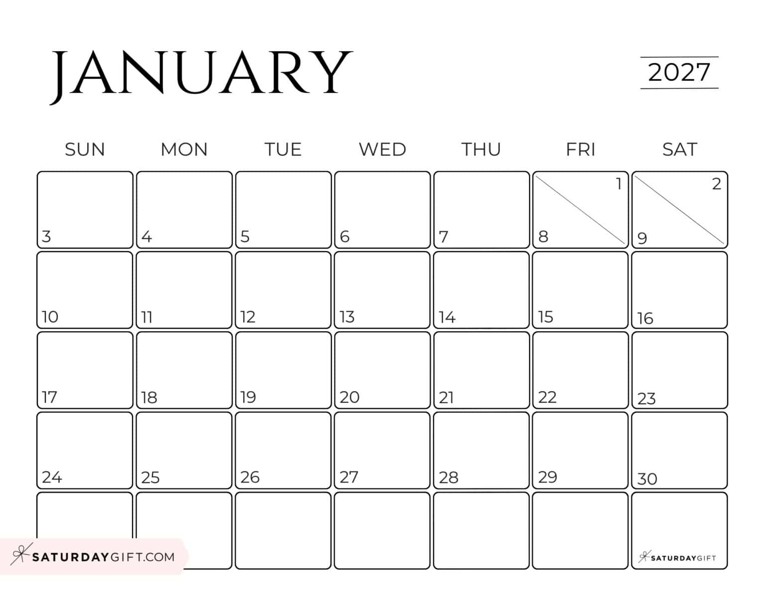 January 2027 Calendars - 23 Cute Free Printable PDFs by SaturdayGift