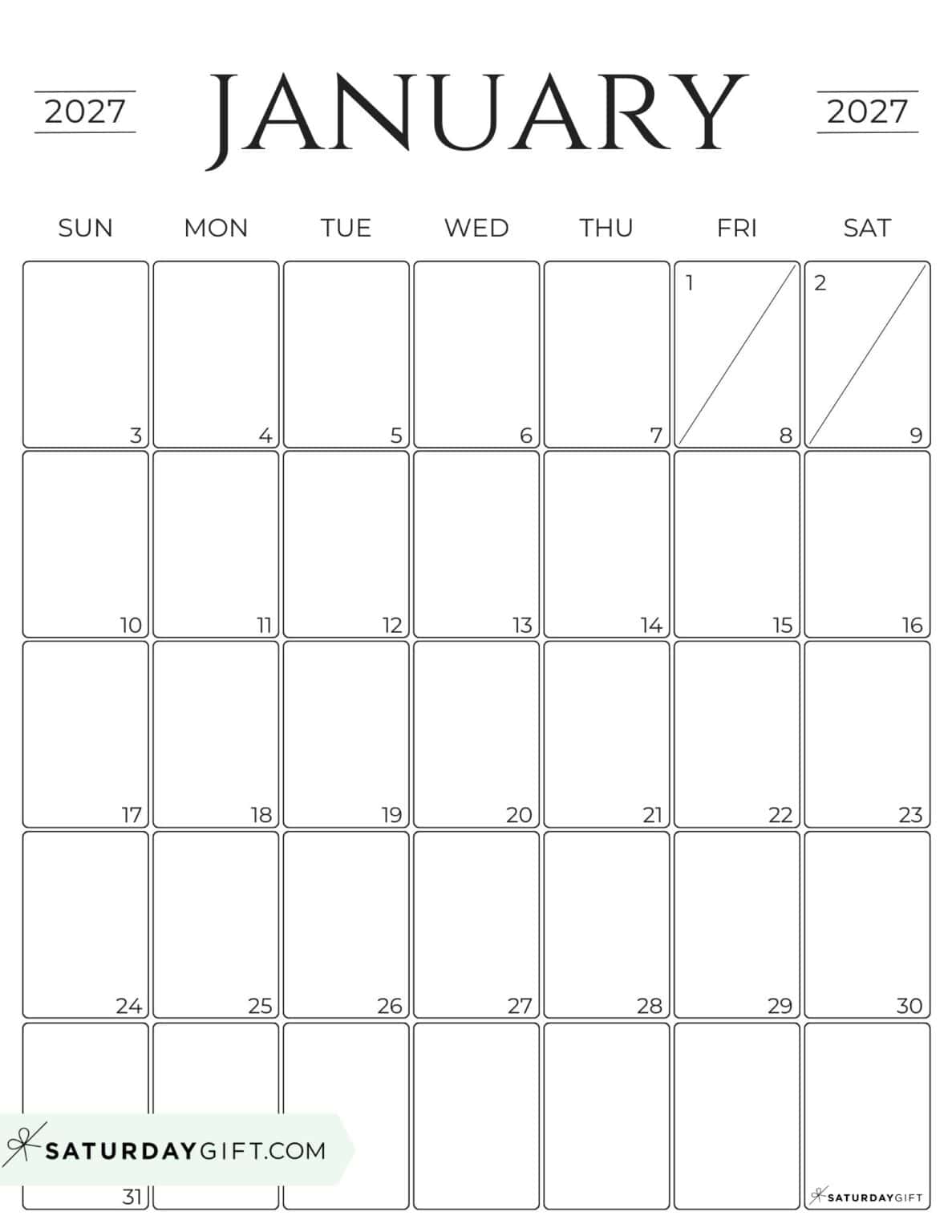 January 2027 Calendars - 23 Cute Free Printable PDFs by SaturdayGift