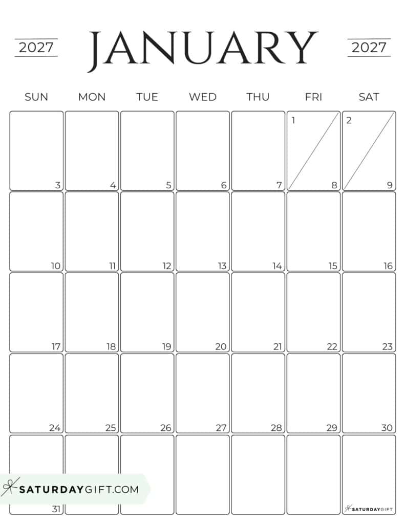 Simple Portrait January 2027 Calendar Free Printable Business Calendar Black & White Sunday-Start | SaturdayGift