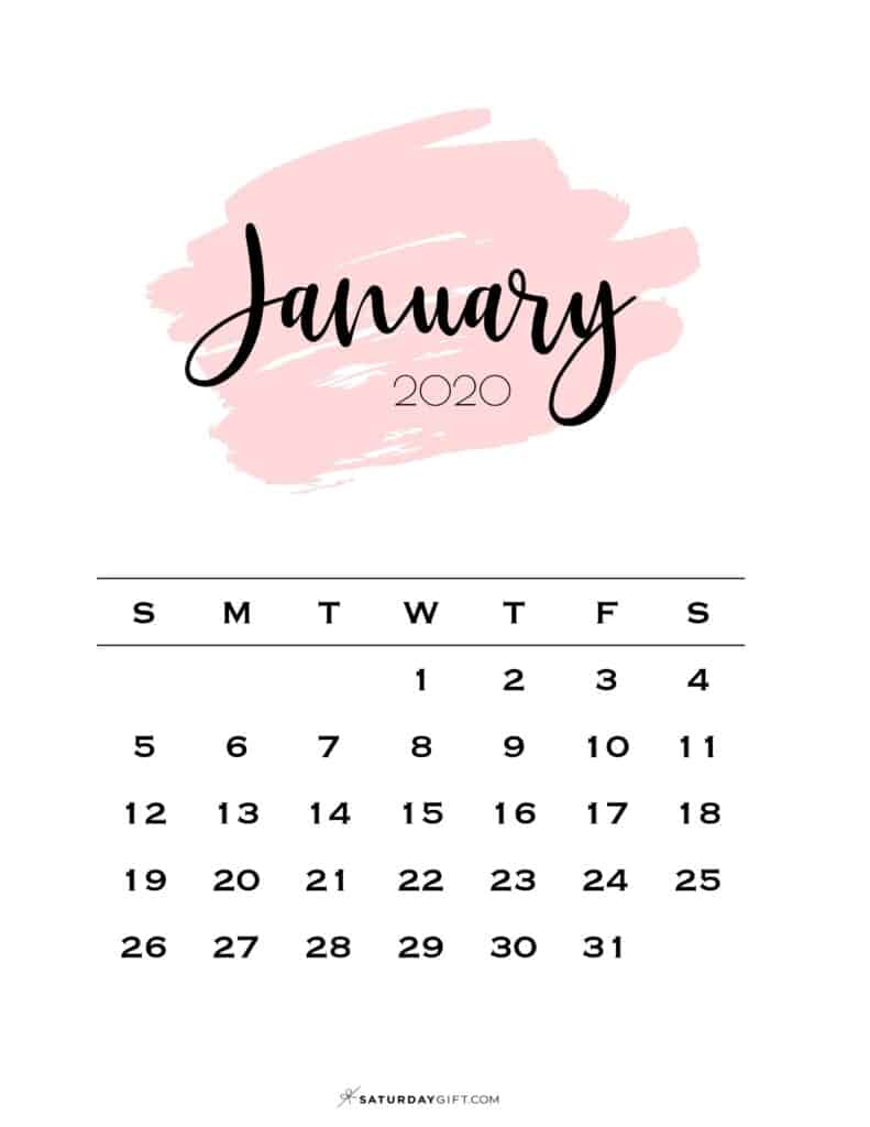 01 Monthly Calendar Pink Brush January 2020 | SaturdayGift