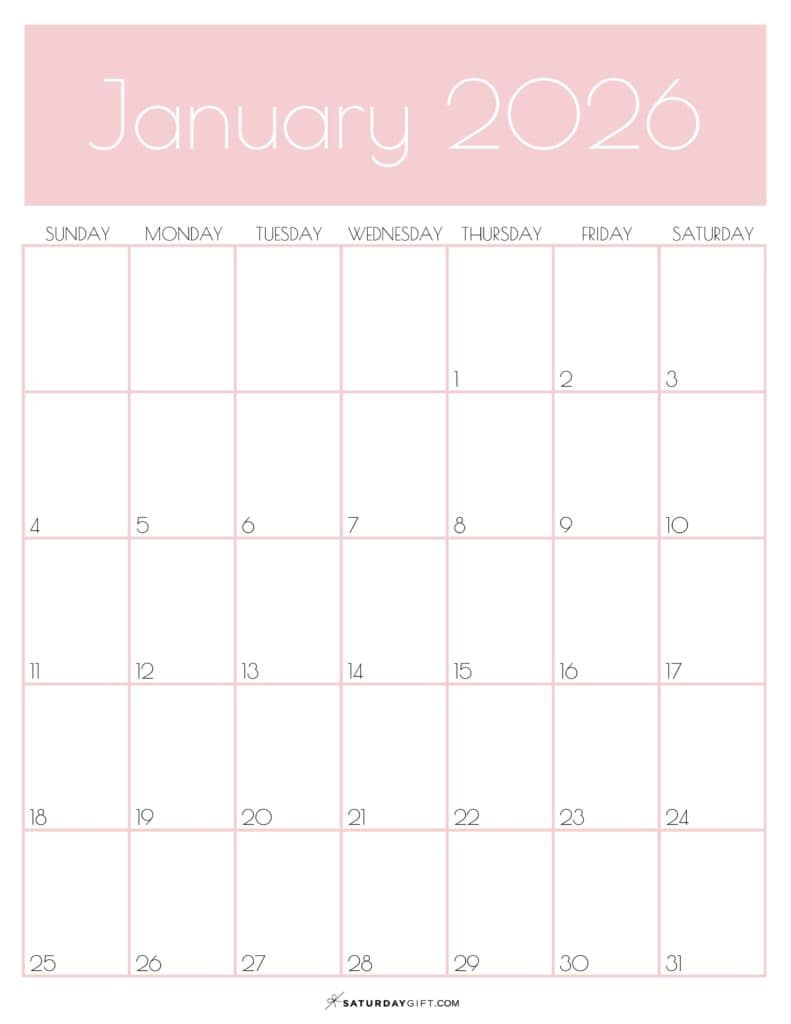 01 Pink Monthly Goals January 2026 Calendar Vertical Sunday-start