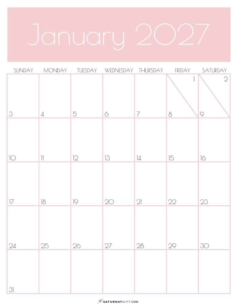 Pink Monthly Goals January 2027 Calendar Vertical Sunday-start | SaturdayGift