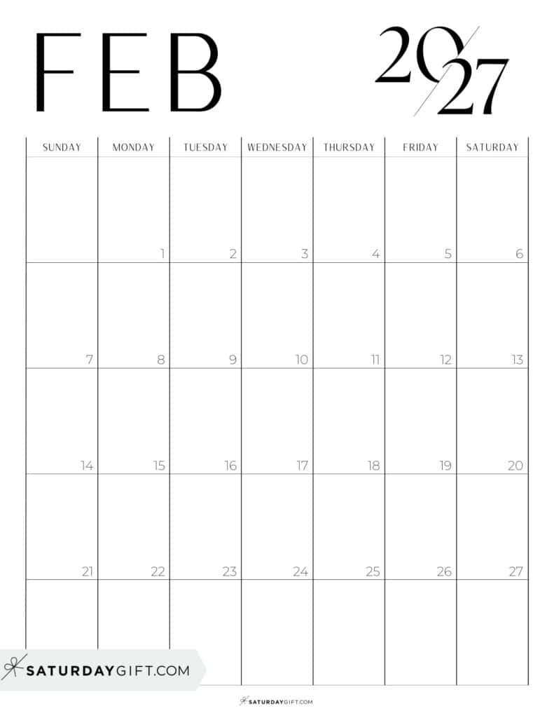 Chic Black and White February 2027 Calendar Free Printable Vertical Sunday-Start | SaturdayGift