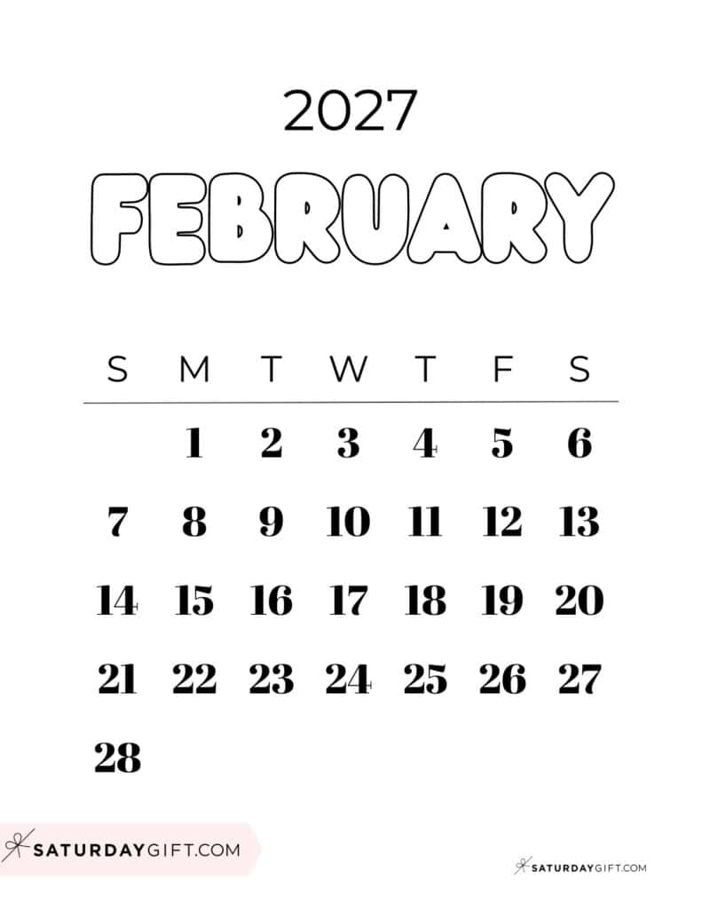 Cute Bubbly February 2027 Calendar Black & White Free Printable Sunday Starting Weeks | SaturdayGift