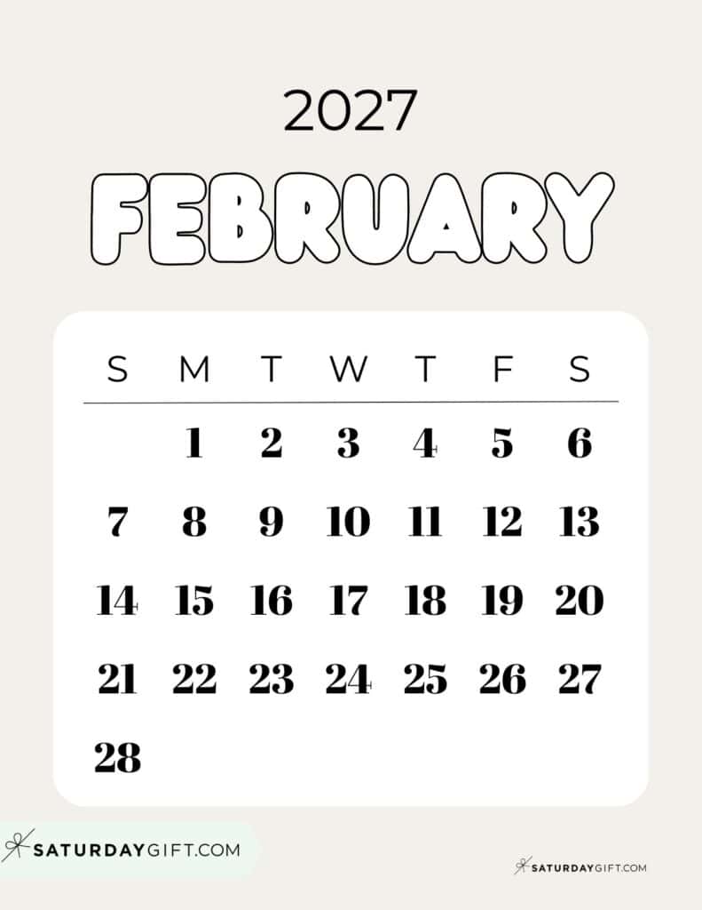 Cute Bubbly February 2027 Calendar Elegant Beige Free Printable Sunday Starting Weeks | SaturdayGift