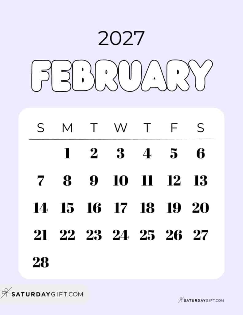 Cute Bubbly February 2027 Calendar Lilac Free Printable Sunday Starting Weeks | SaturdayGift