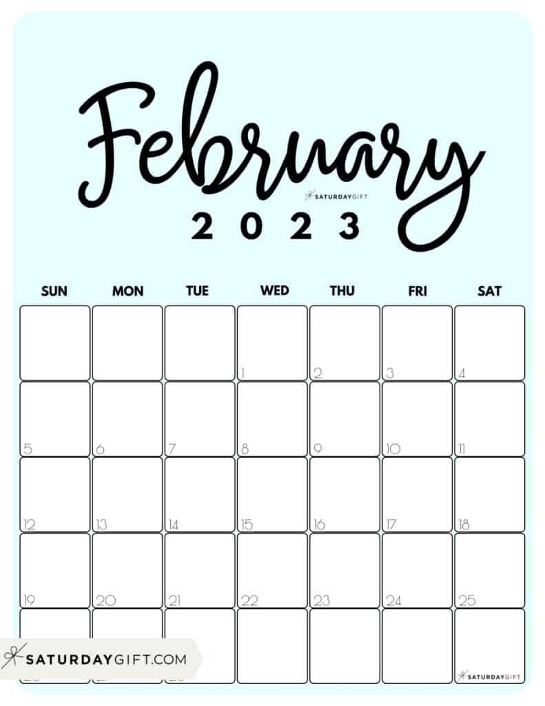 02 FEB Cute Printable February 2023 Calendar by Month Blue Vertical Sunday-start | SaturdayGift