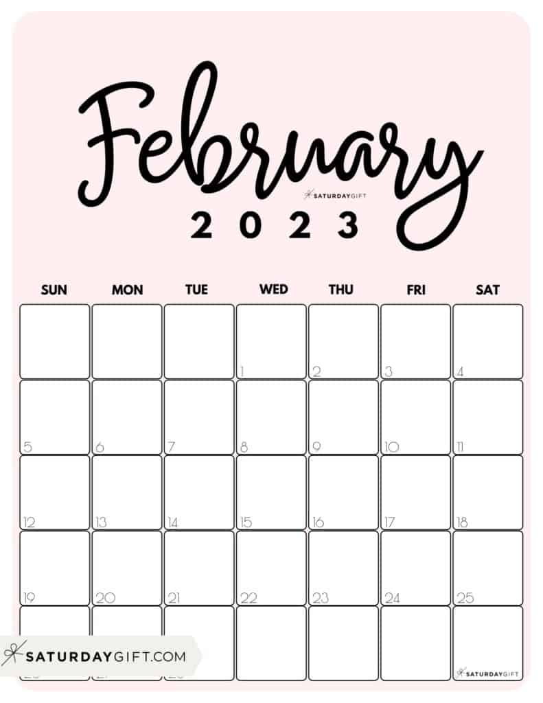 02 FEB Cute Printable February 2023 Calendar by Month Pink Vertical Sunday-start | SaturdayGift