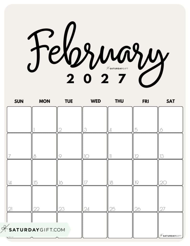 Cute Printable February 2027 Calendar by Month Beige Vertical Sunday-start | SaturdayGift