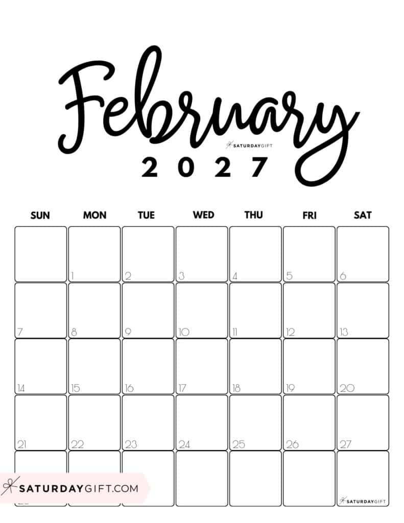 Cute Printable February 2027 Calendar by Month Black White Vertical Sunday-start | SaturdayGift
