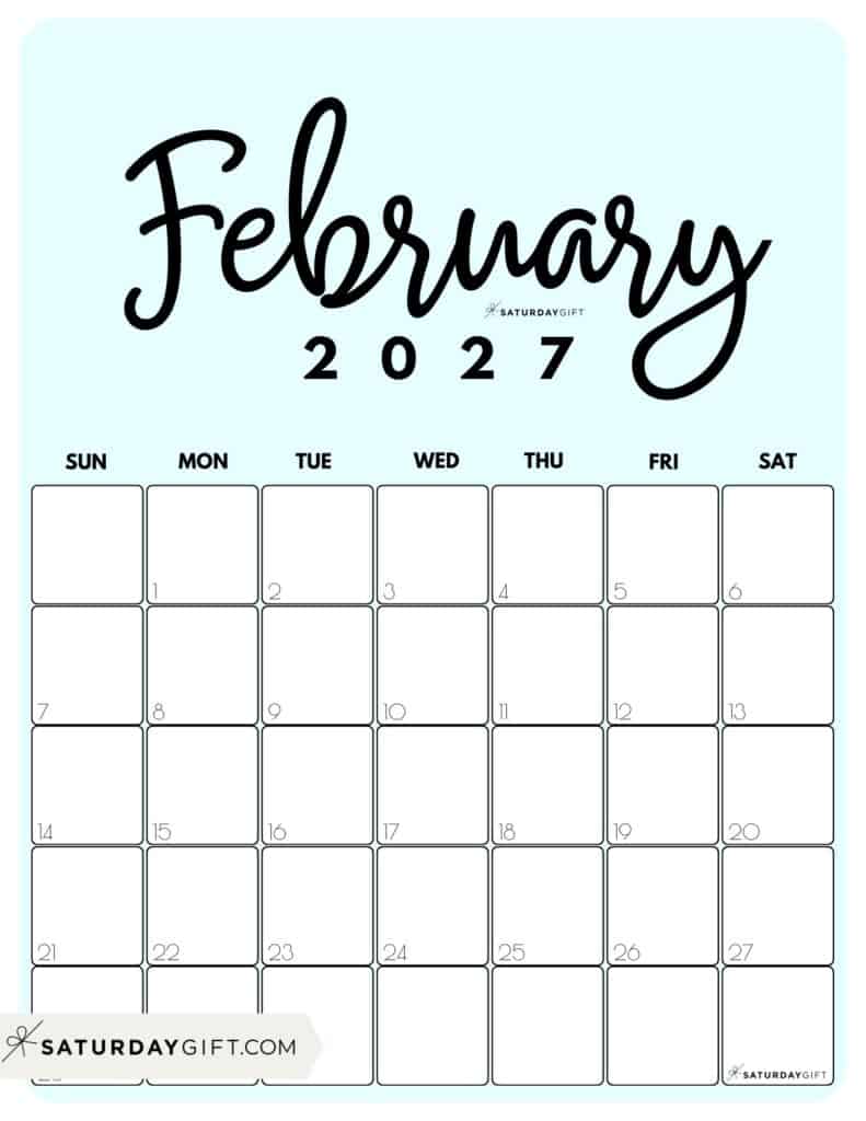 Cute Printable February 2027 Calendar by Month Blue Vertical Sunday-start | SaturdayGift