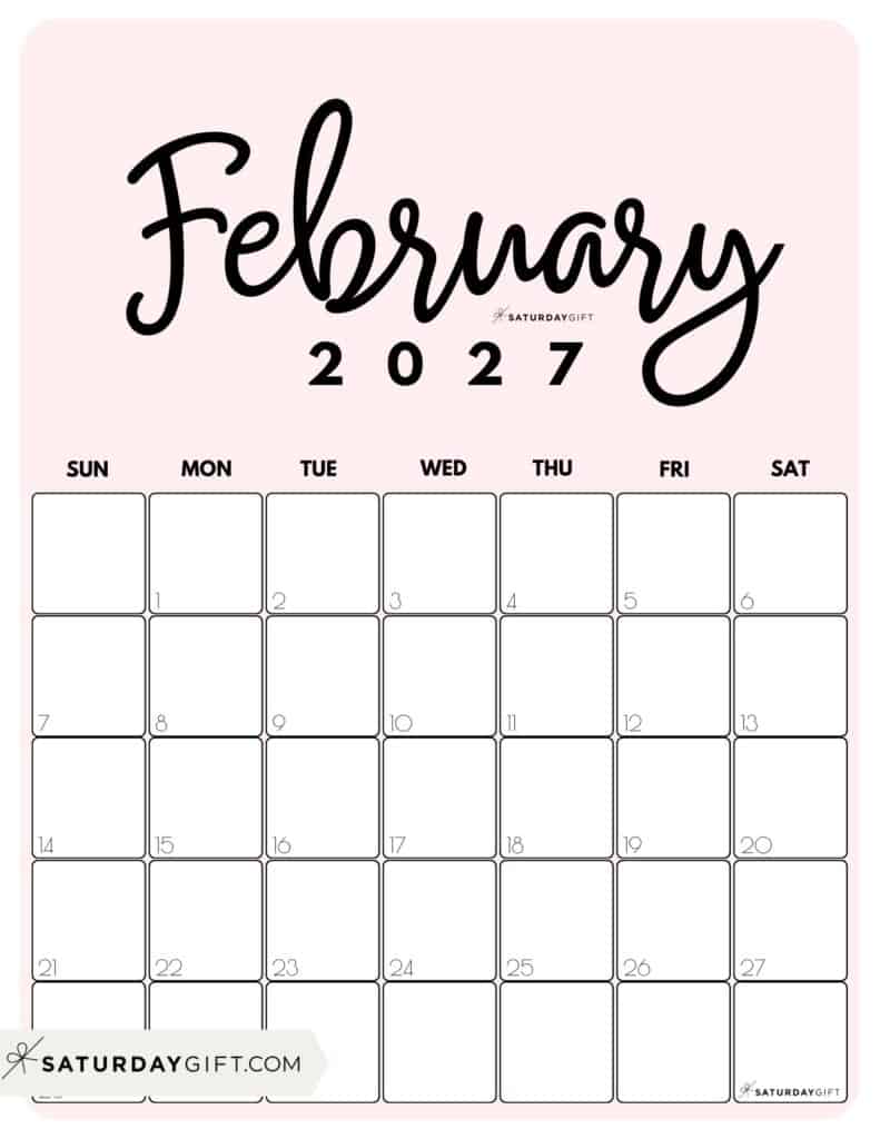 Cute Printable February 2027 Calendar by Month Pink Vertical Sunday-start | SaturdayGift