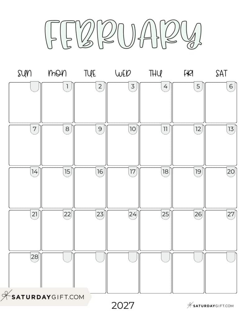 Cute Simple February 2027 Calenda Aesthetic Free Printable PDF Sunday Star | SaturdayGift
