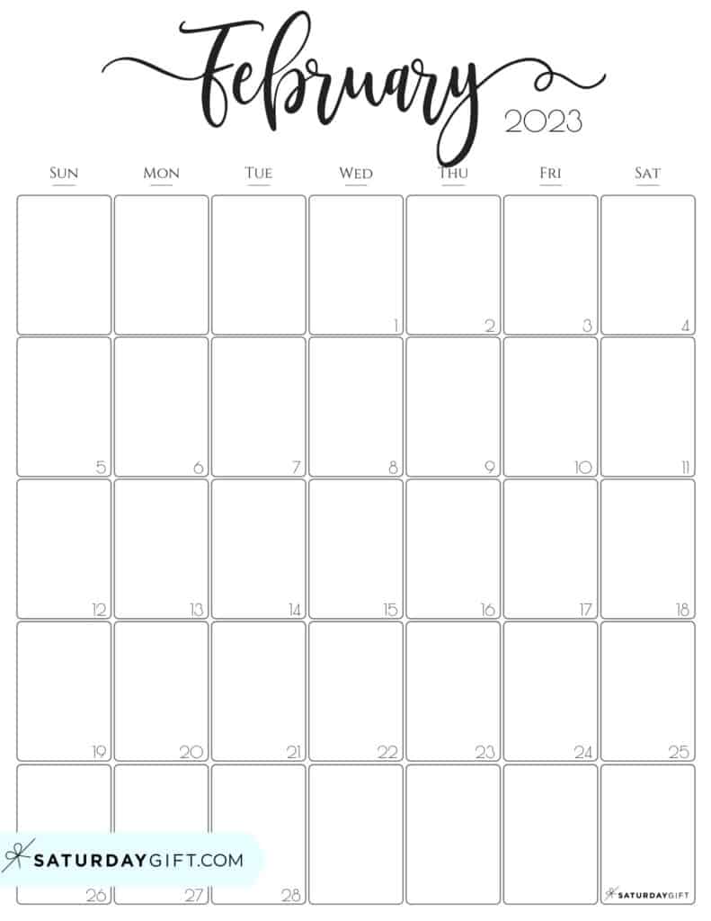 02 FEB Elegant February 2023 calendar Free Printable Vertical Portrait Black & White Sunday-Start | SaturdayGift