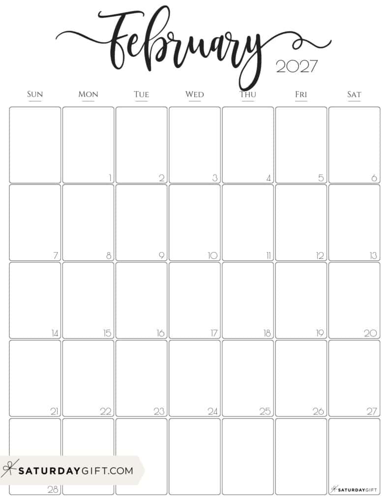 Elegant February 2027 Calendar Free Printable Vertical Portrait Black White Sunday Start | SaturdayGift