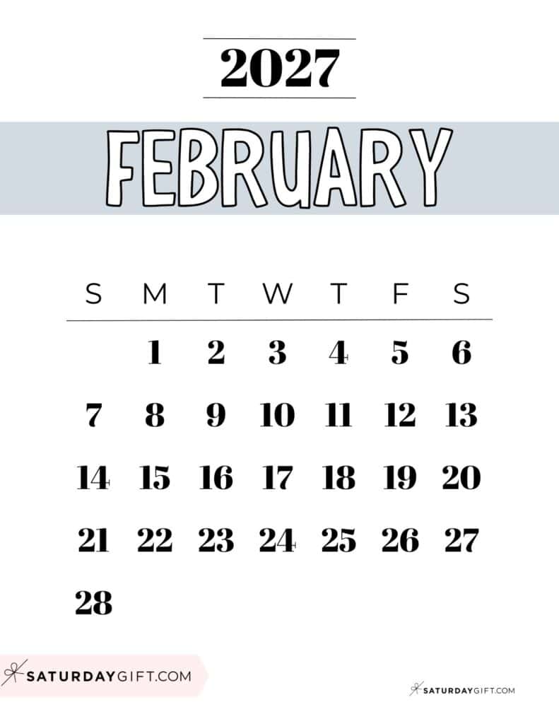 Free Printable Grey February 2027 Calendar Template PDF Sunday-Start | SaturdayGift