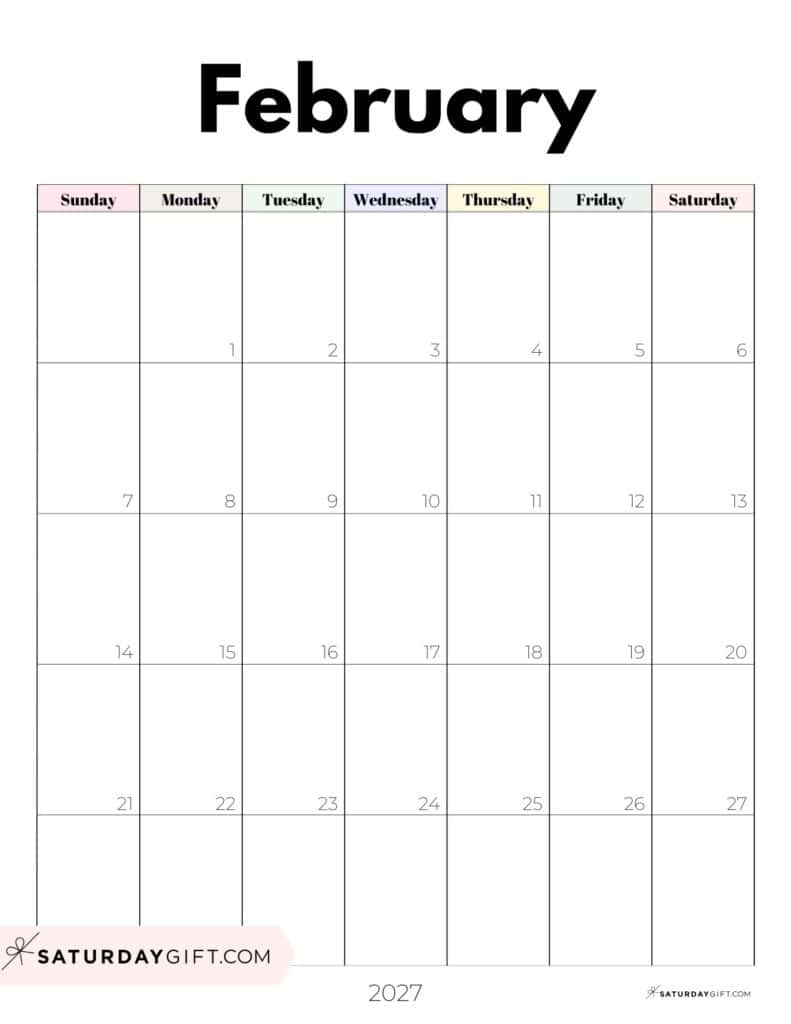 Pretty Pastels February 2027 Calendar Free Printable Portrait Sunday-Start | SaturdayGift