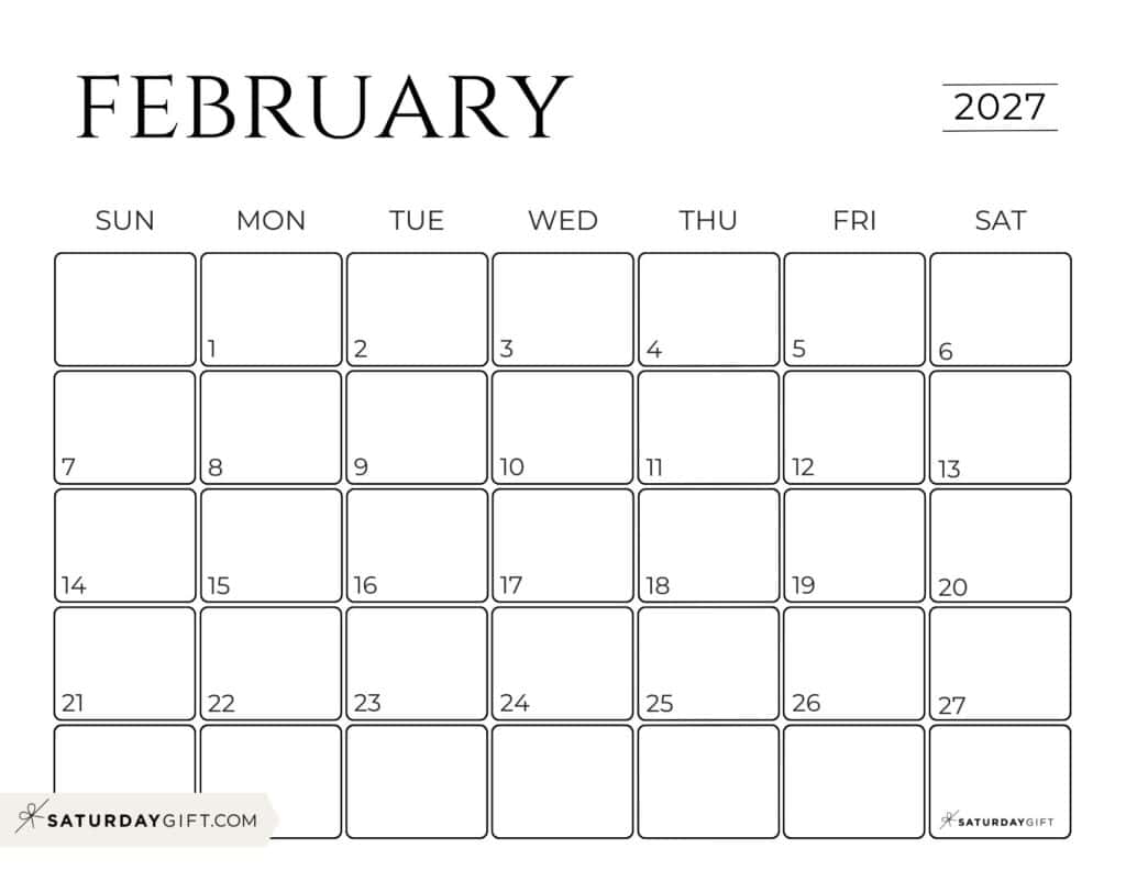 Simple Horizontal February 2027 Calendar Free Printable Business Calendar Black & White Sunday-Start | SaturdayGift