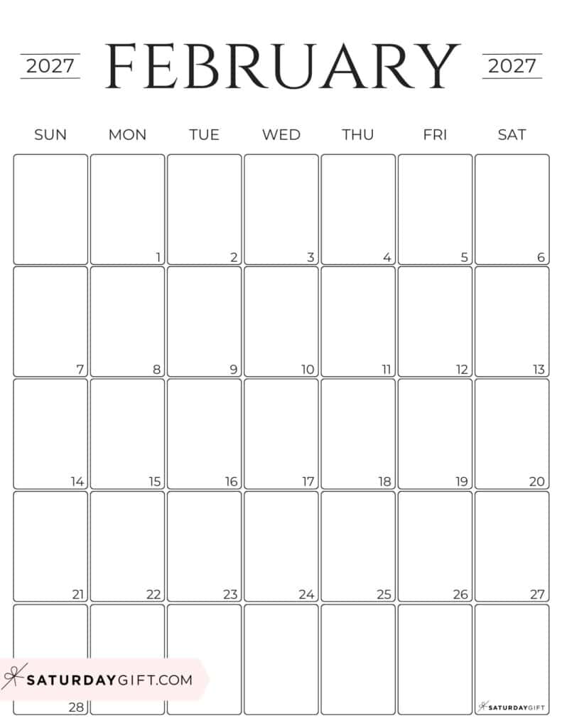Simple Portrait February 2027 Calendar Free Printable Business Calendar Black & White Sunday-Start | SaturdayGift
