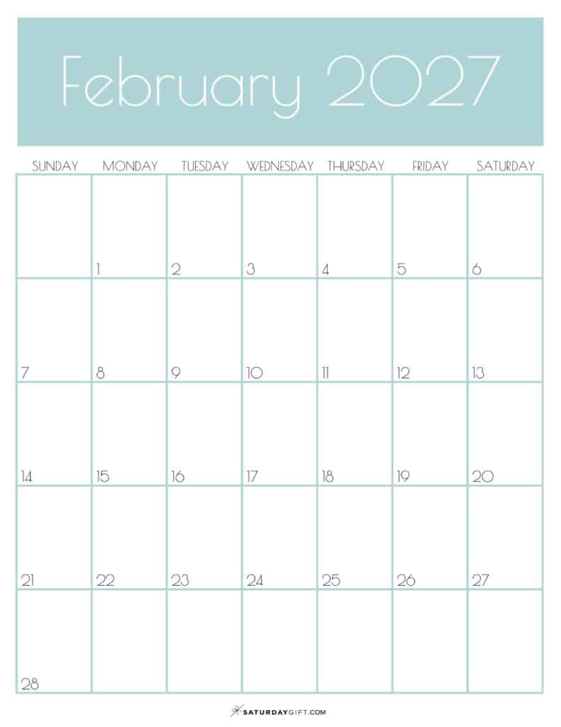 Green Monthly Goals February 2027 Calendar Vertical Sunday-start | SaturdayGift