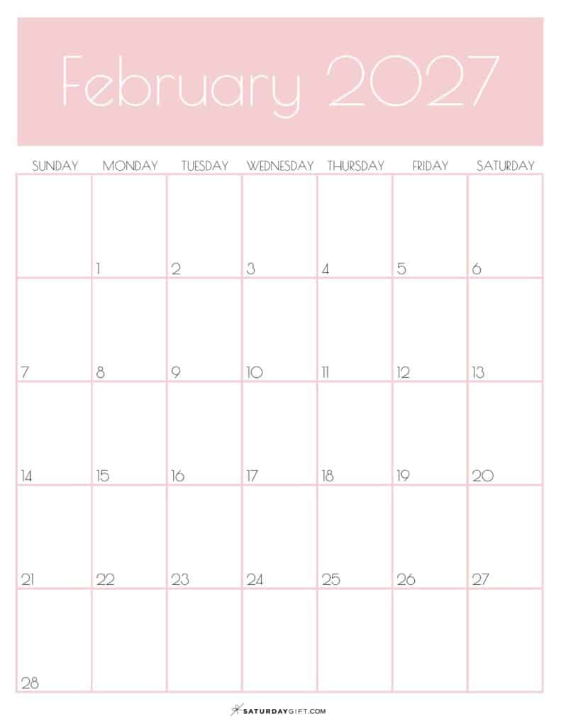 Pink Monthly Goals February 2027 Calendar Vertical Sunday-start | SaturdayGift