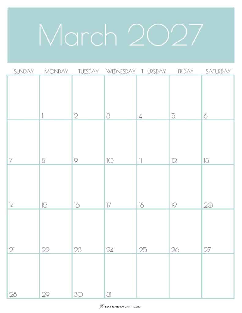 Green Monthly Goals March 2027 Calendar Vertical Sunday-start | SaturdayGift