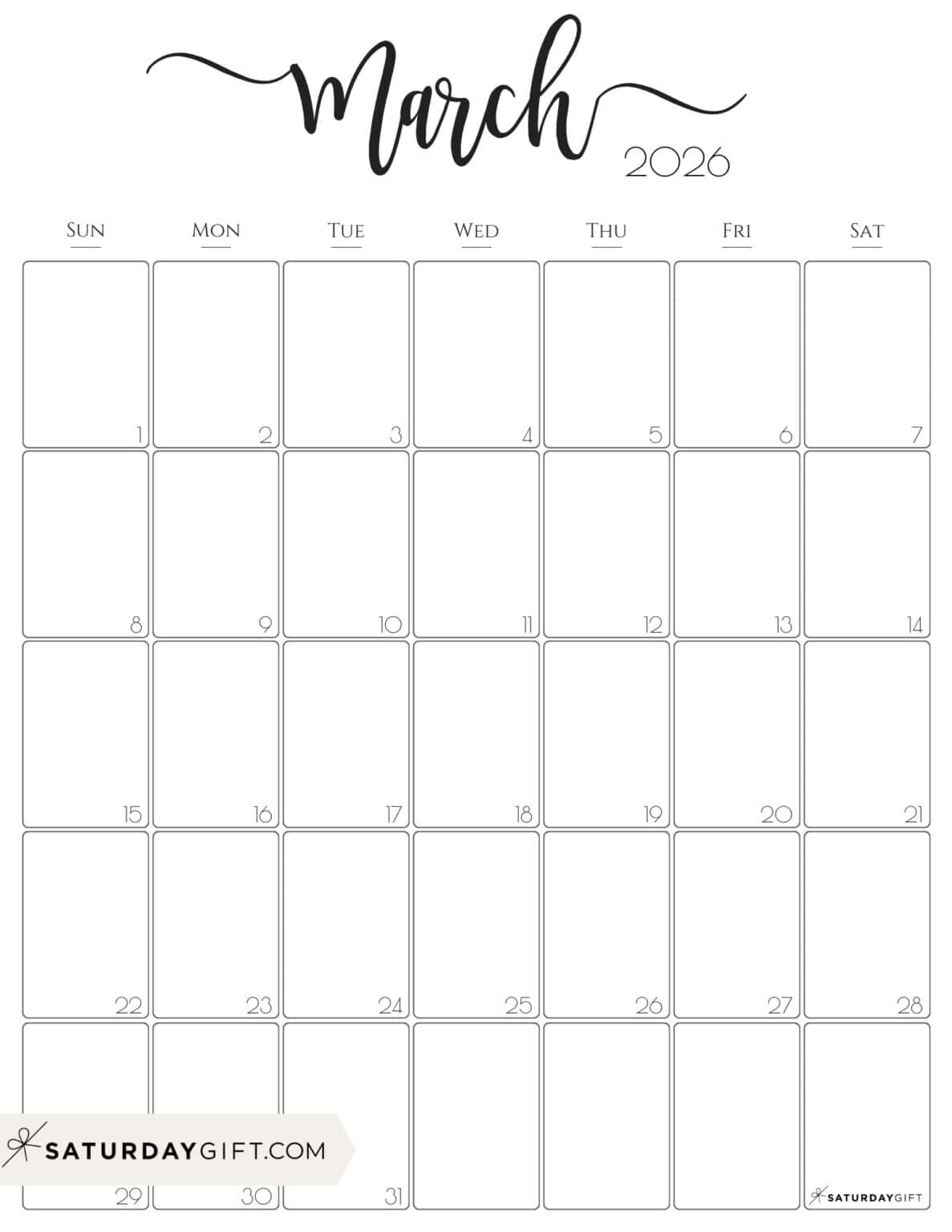 Aesthetic Printable Vertical Calendar 2026 by Saturday Gift