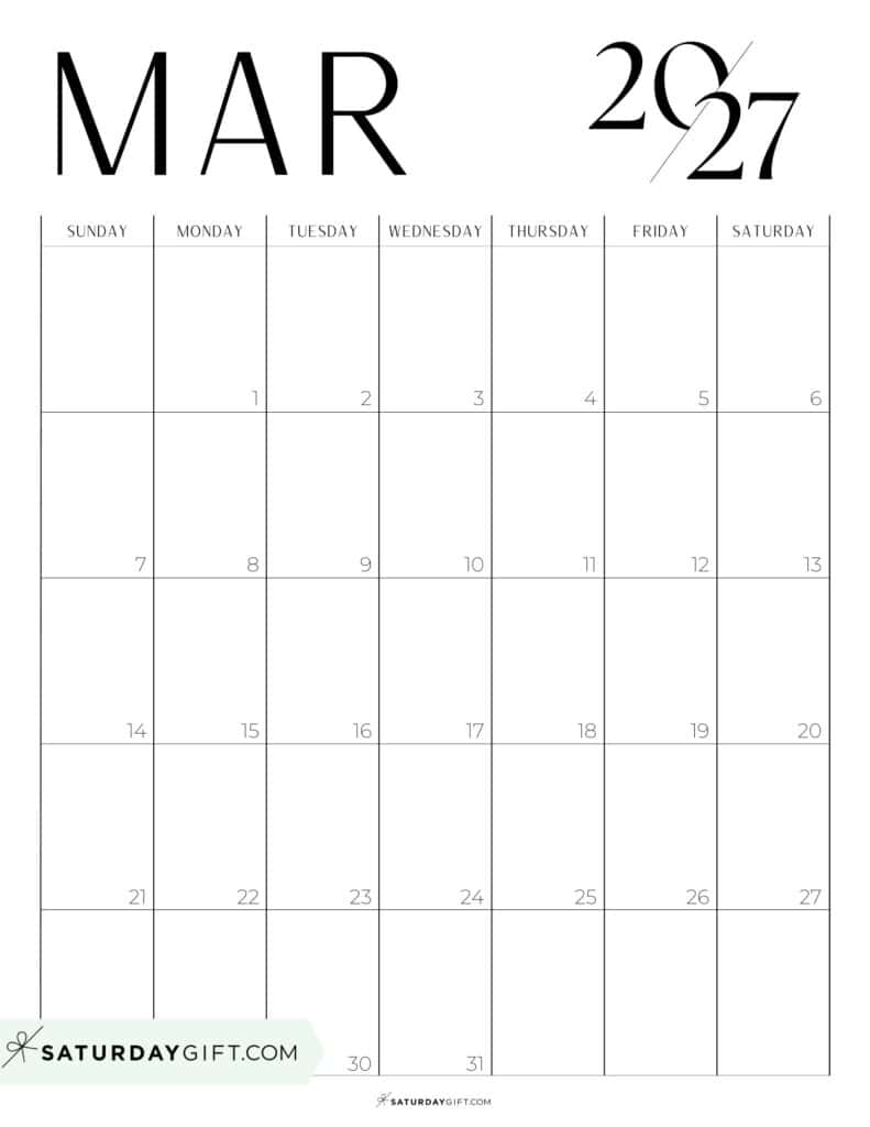 Chic Black and White March 2027 Calendar Free Printable Portrait Sunday-Start | SaturdayGift
