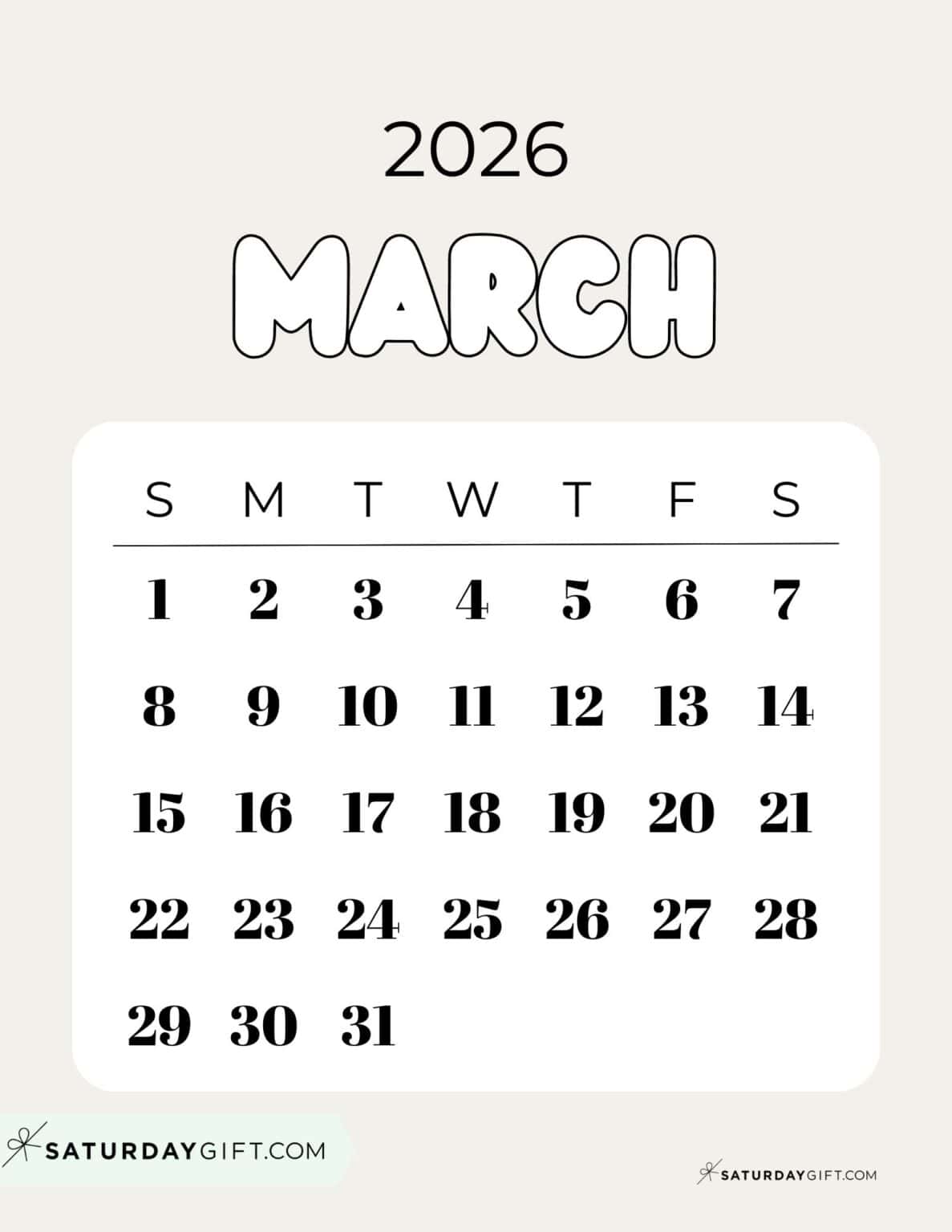 March 2026 Calendars 21 Cute Free Printable PDFs by SaturdayGift