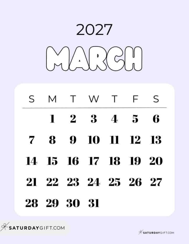 Cute Bubbly March 2027 Calendar Lilac Free Printable Sunday Starting Weeks | SaturdayGift