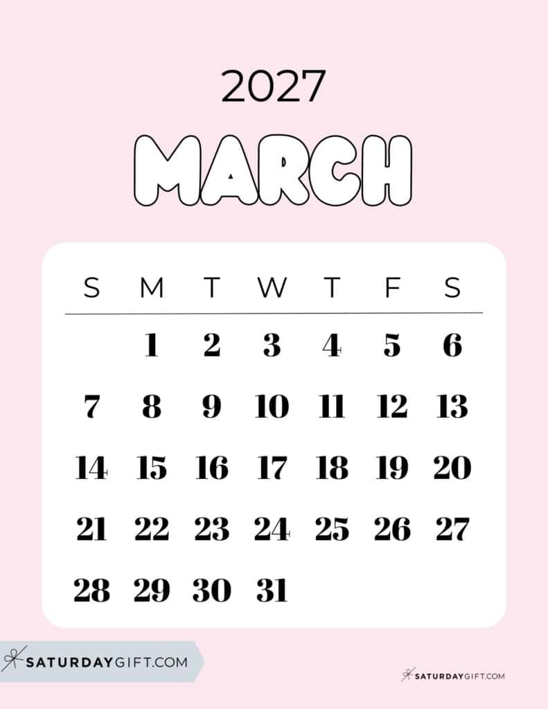 Cute Bubbly March 2027 Calendar Pretty Pink Free Printable Sunday Starting Weeks | SaturdayGift