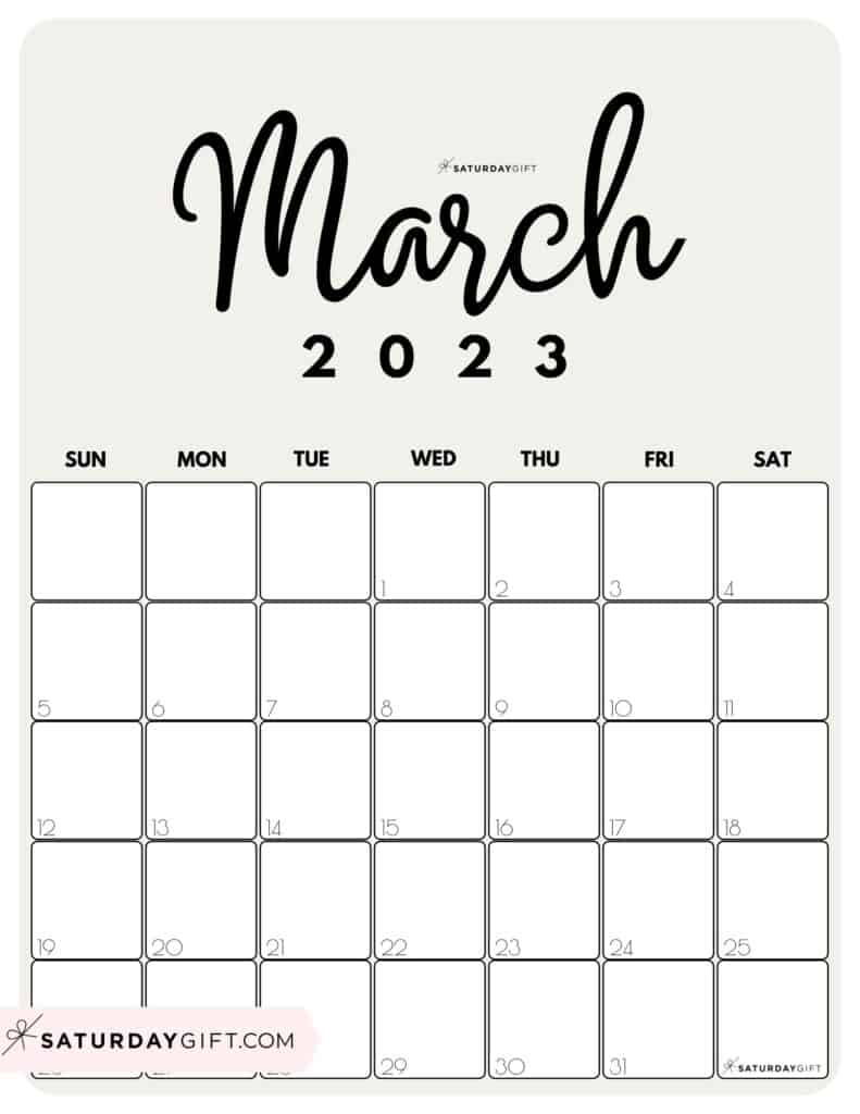 03 MAR Cute Printable March 2023 Calendar by Month Beige Vertical Sunday-start | SaturdayGift
